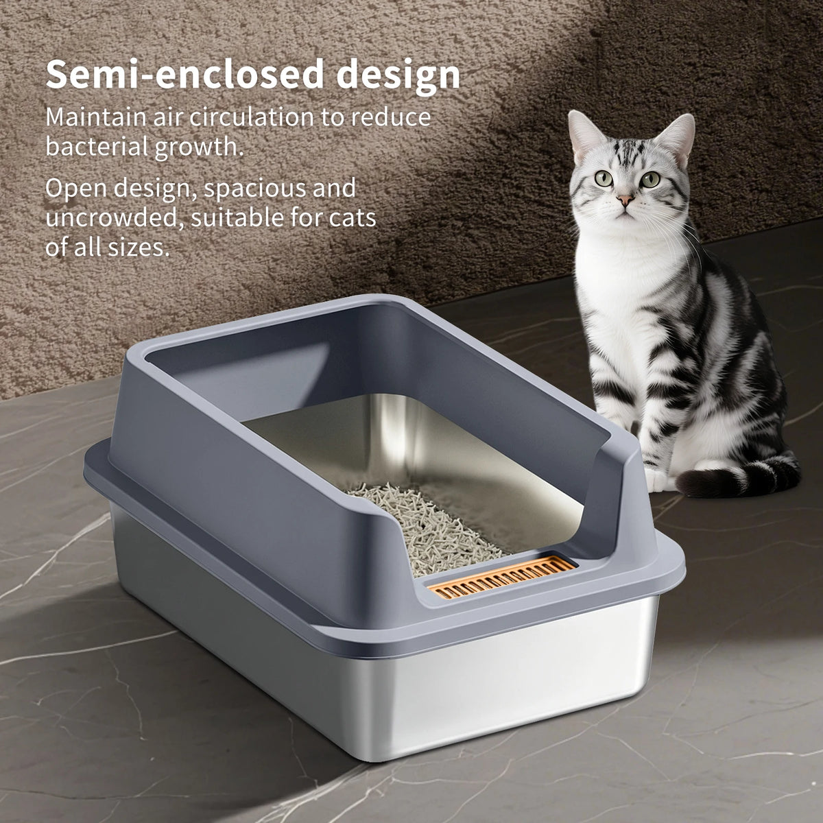 Large Stainless Steel Cat Litter Box With Anti-Tipping Anti-Slip Anti-Scratch Features Removable And Easy To Clean Suitable For Pet Cats