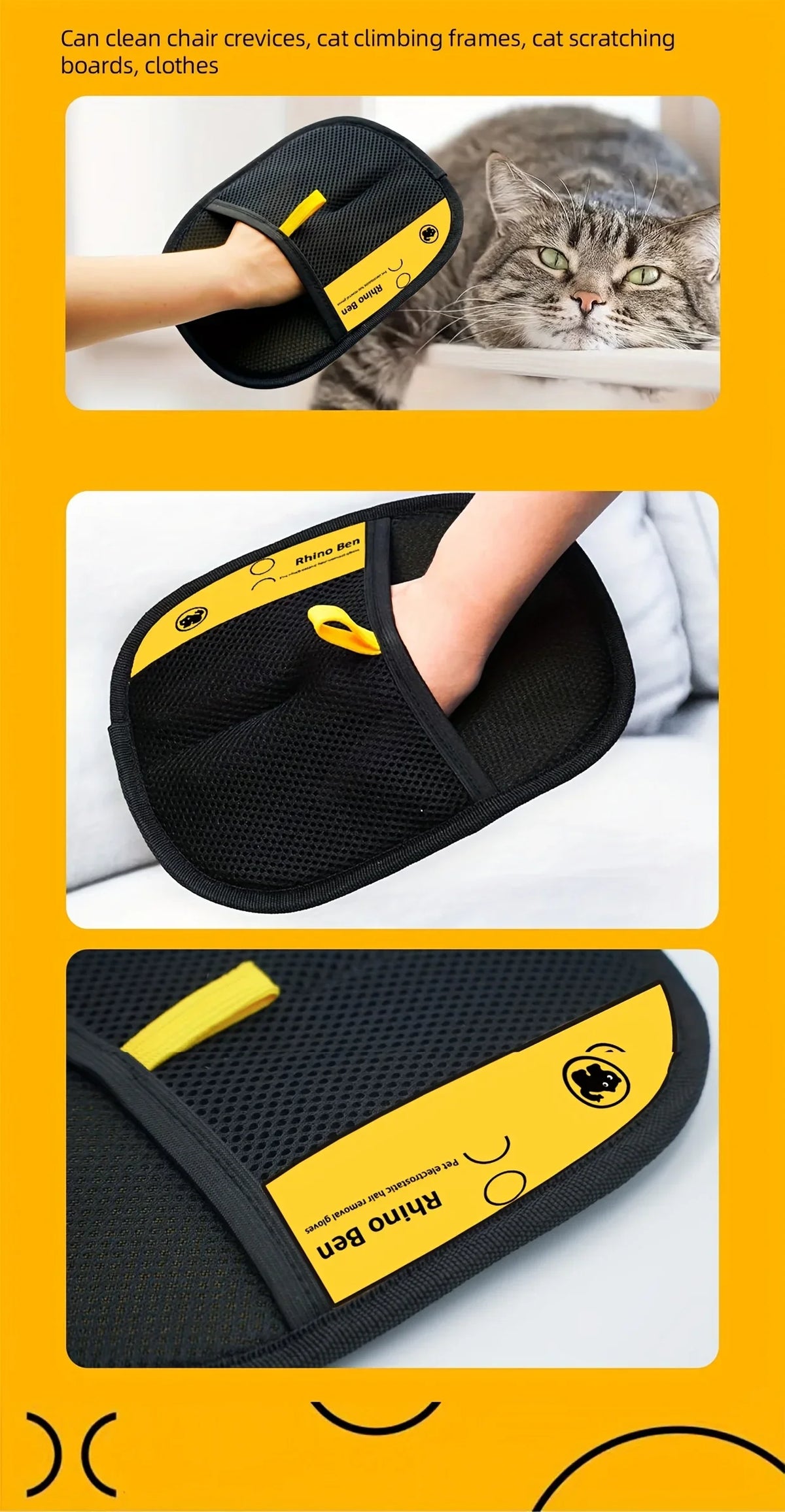 Large Pet Static Hair Removal Grooming Gloves, Upgrade Version Polypropylene Cat Hair Remover Gloves, Black with Yellow Accents for Pet Shedding