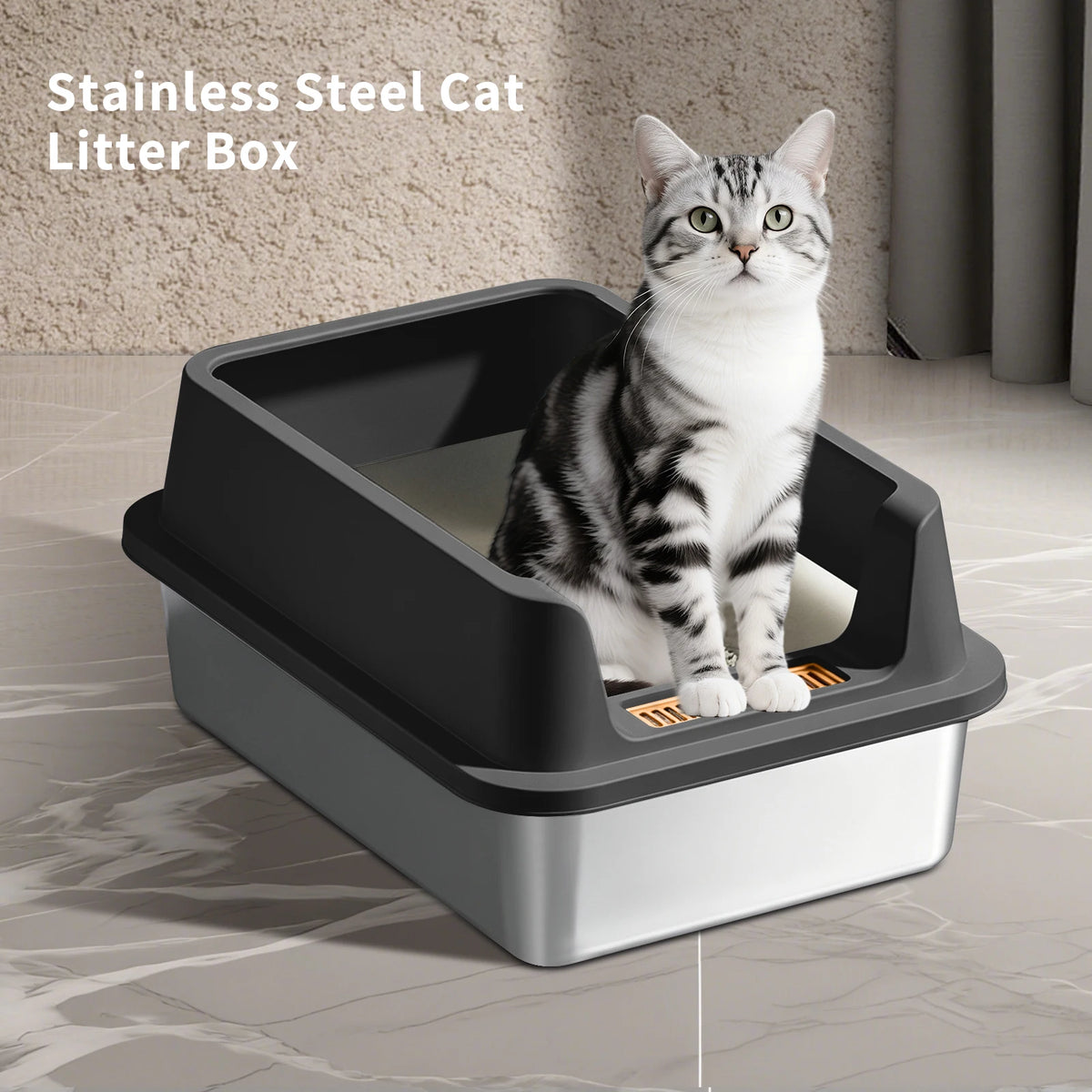Large Stainless Steel Cat Litter Box With Anti-Tipping Anti-Slip Anti-Scratch Features Removable And Easy To Clean Suitable For Pet Cats